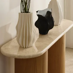 Hot Horgans Basma Marble Console Marble, Natural Wood