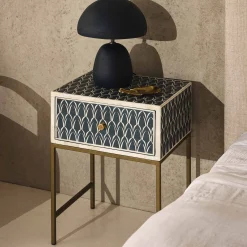 Best Horgans Zephyr Bone Inlay Bedside Navy, White & Antique Gold